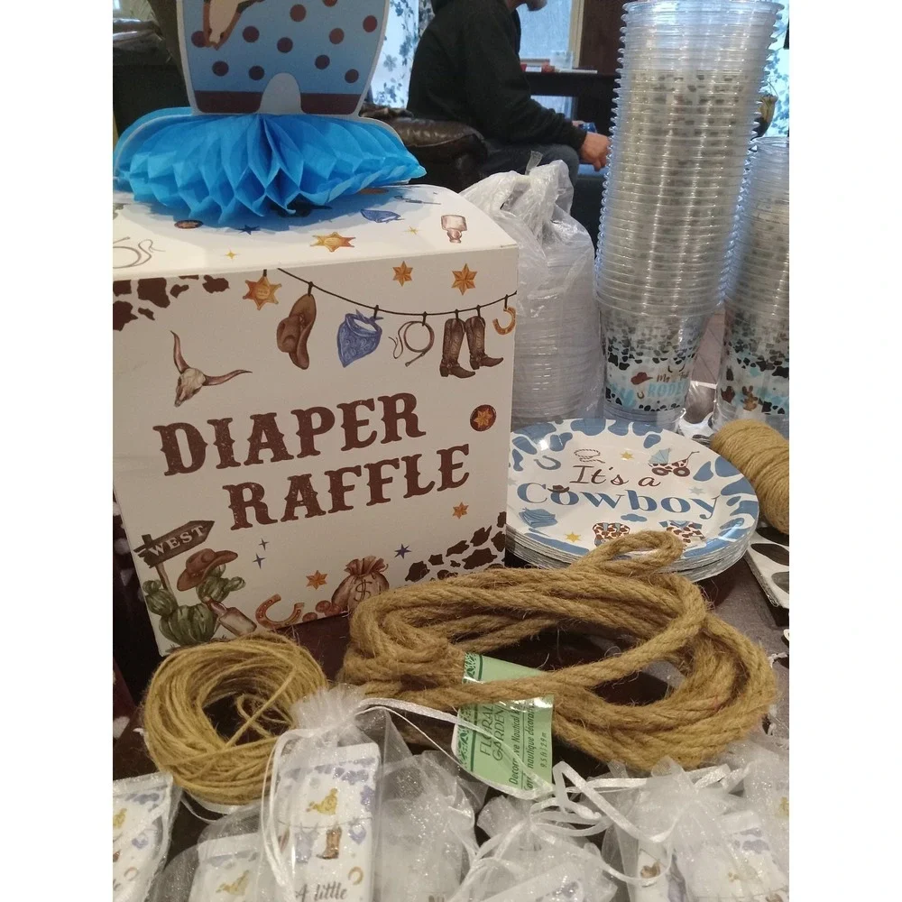 771 pc Cowboy Baby Shower Decorations Little Cowboy Raffle Box Banners Favors ++